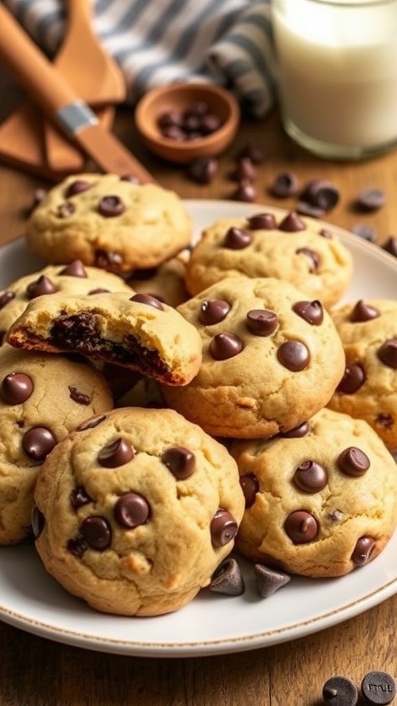 Chewy Almond Flour Chocolate Chip Cookies A plate of golden-brown almond flour chocolate chip cookies with gooey chocolate chips, set against a rustic kitchen backdrop.